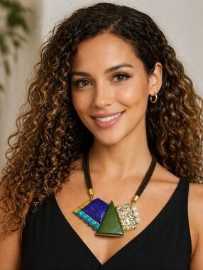 Art Deco Maximalist Geometric Resin Statement Necklace Boho Pearl Turquoise NWT